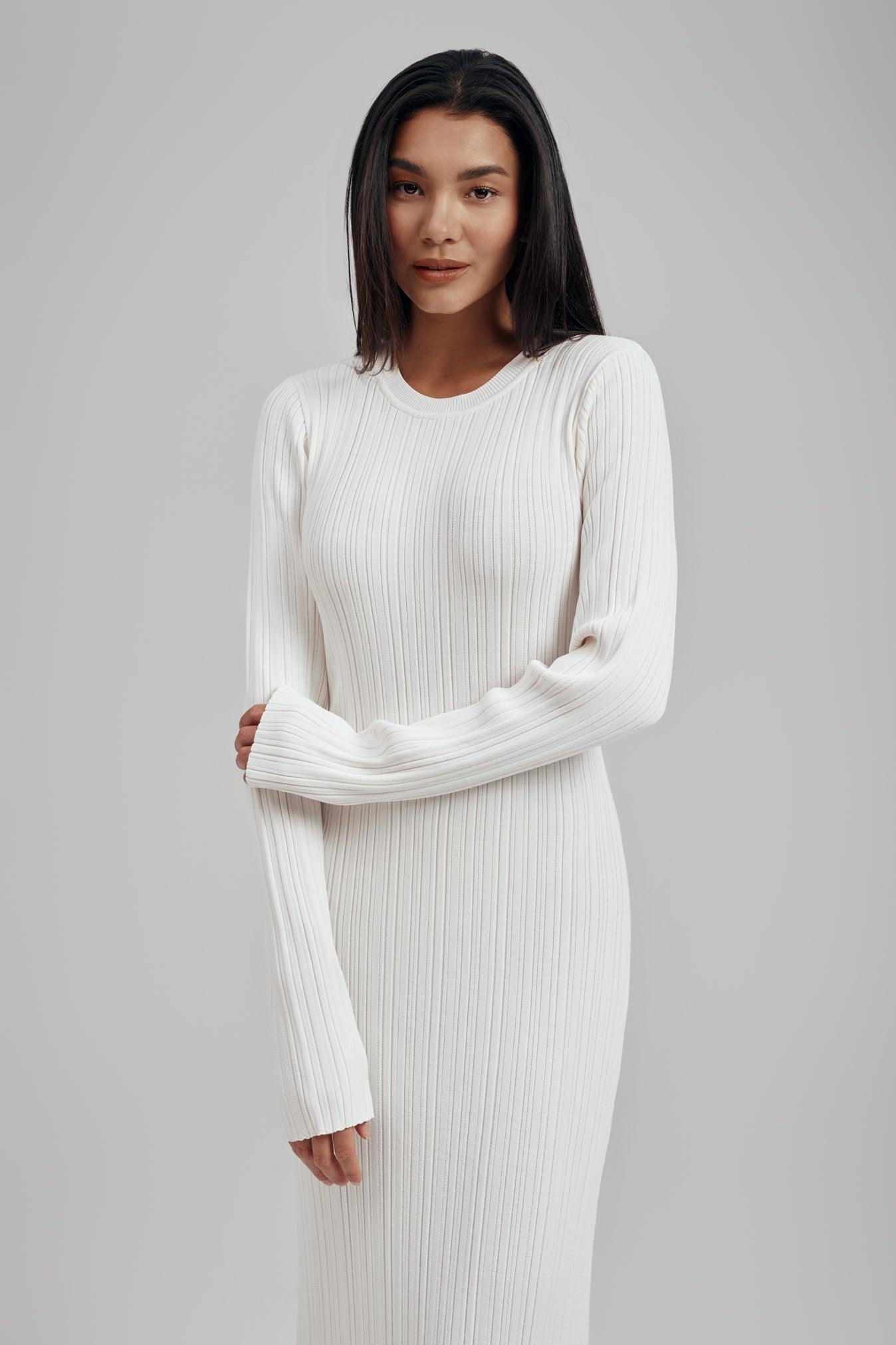 Long sleeve white ribbed dress best sale