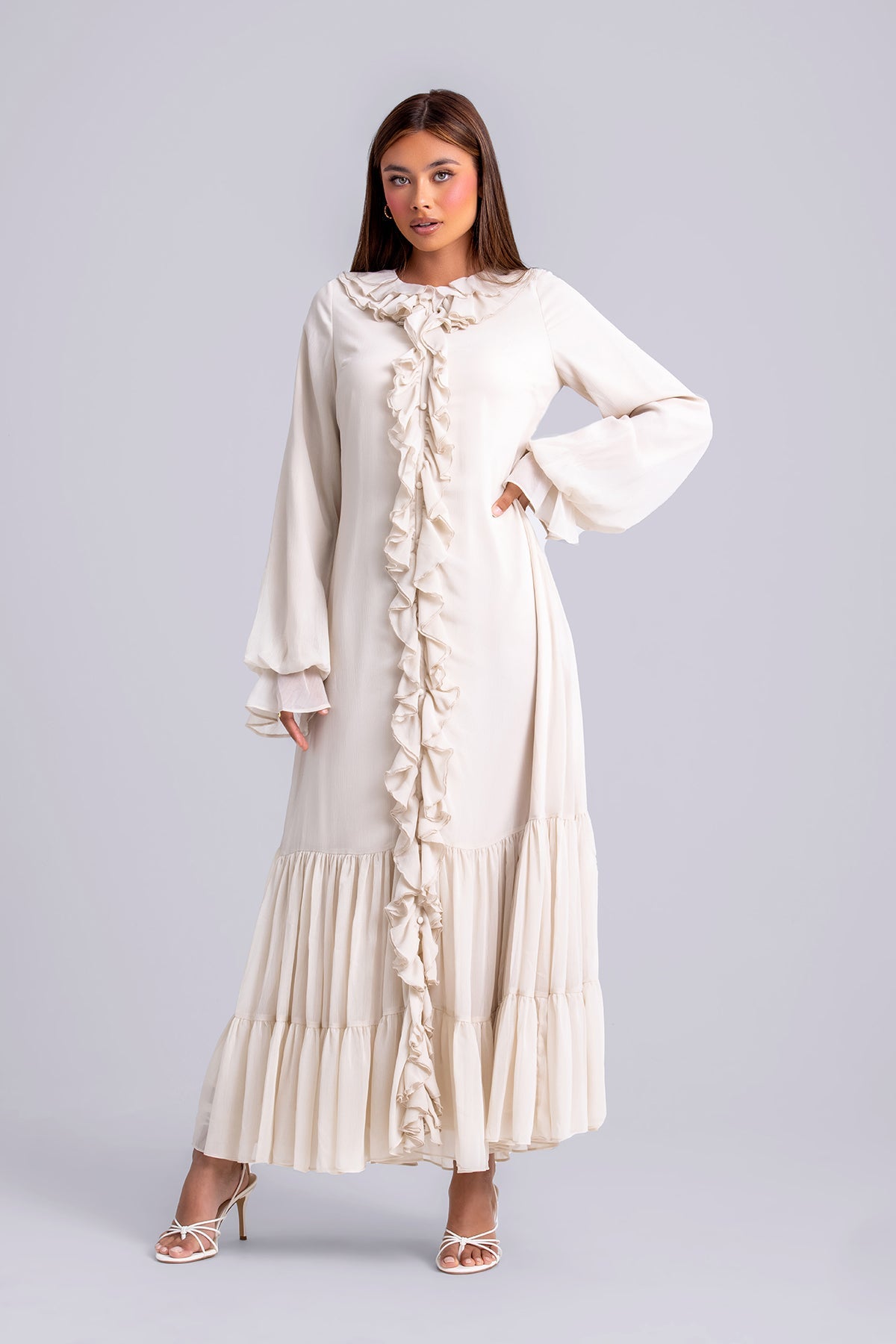 Mira Ruffle Long Sleeve Maxi Dress- Clair