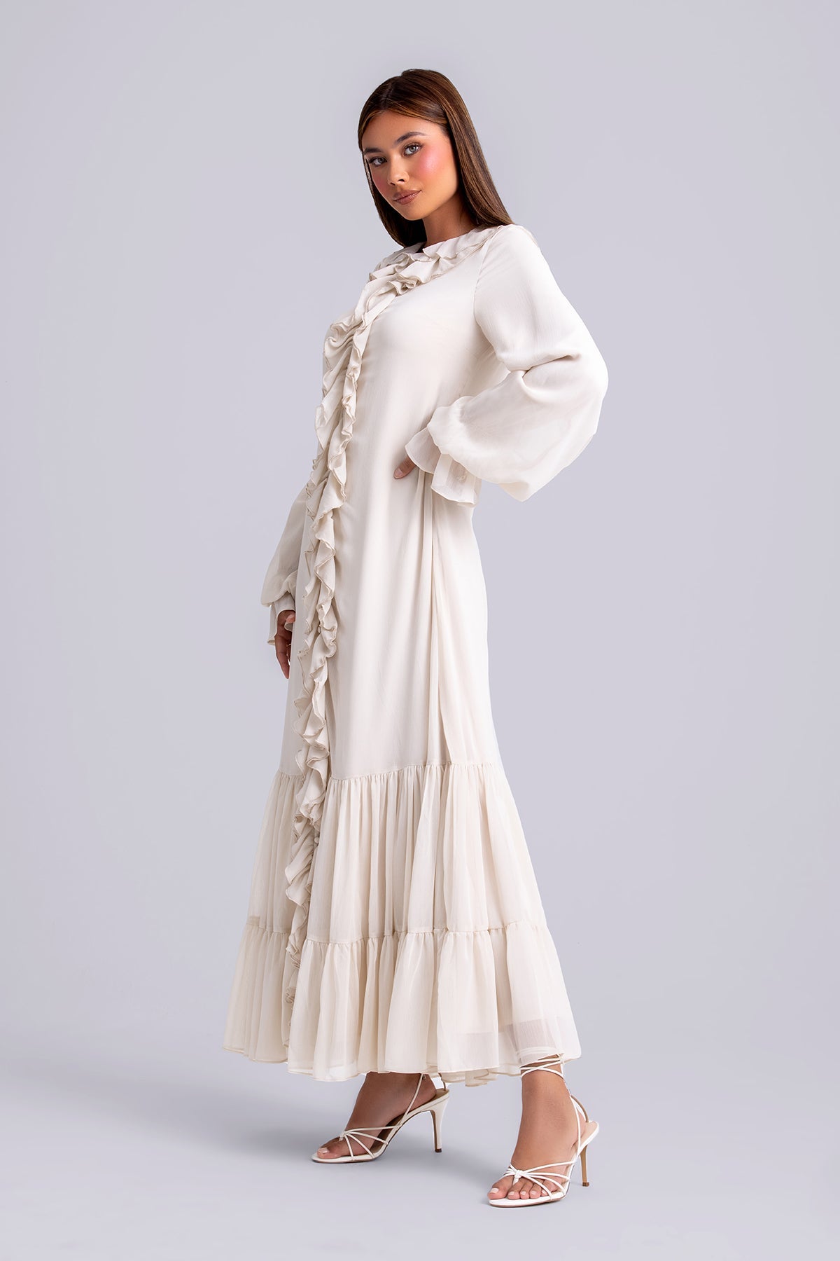 Mira Ruffle Long Sleeve Maxi Dress- Clair