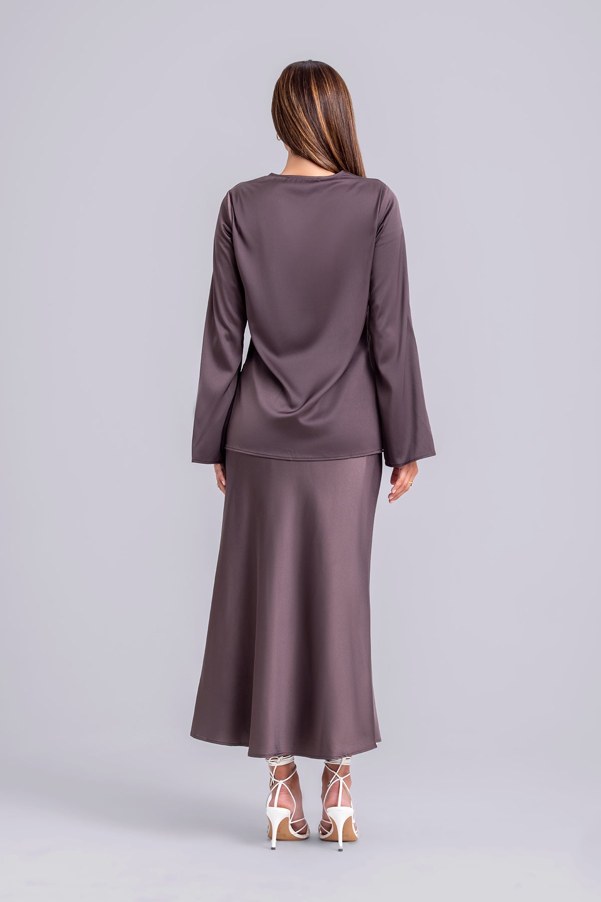 Layan Satin Top and Maxi Skirt Set- Chestnut