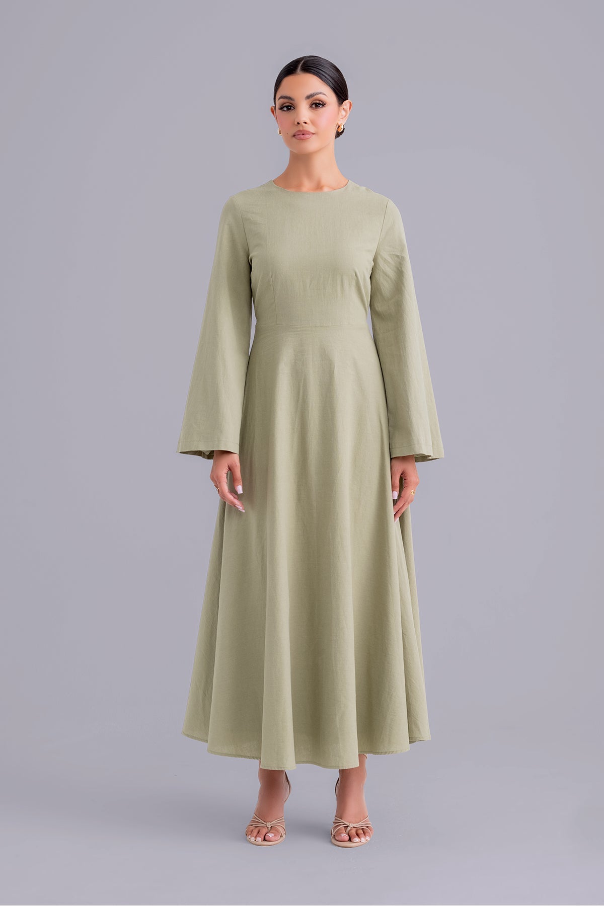 Yasamine Long Sleeve Linen Dress - Sage