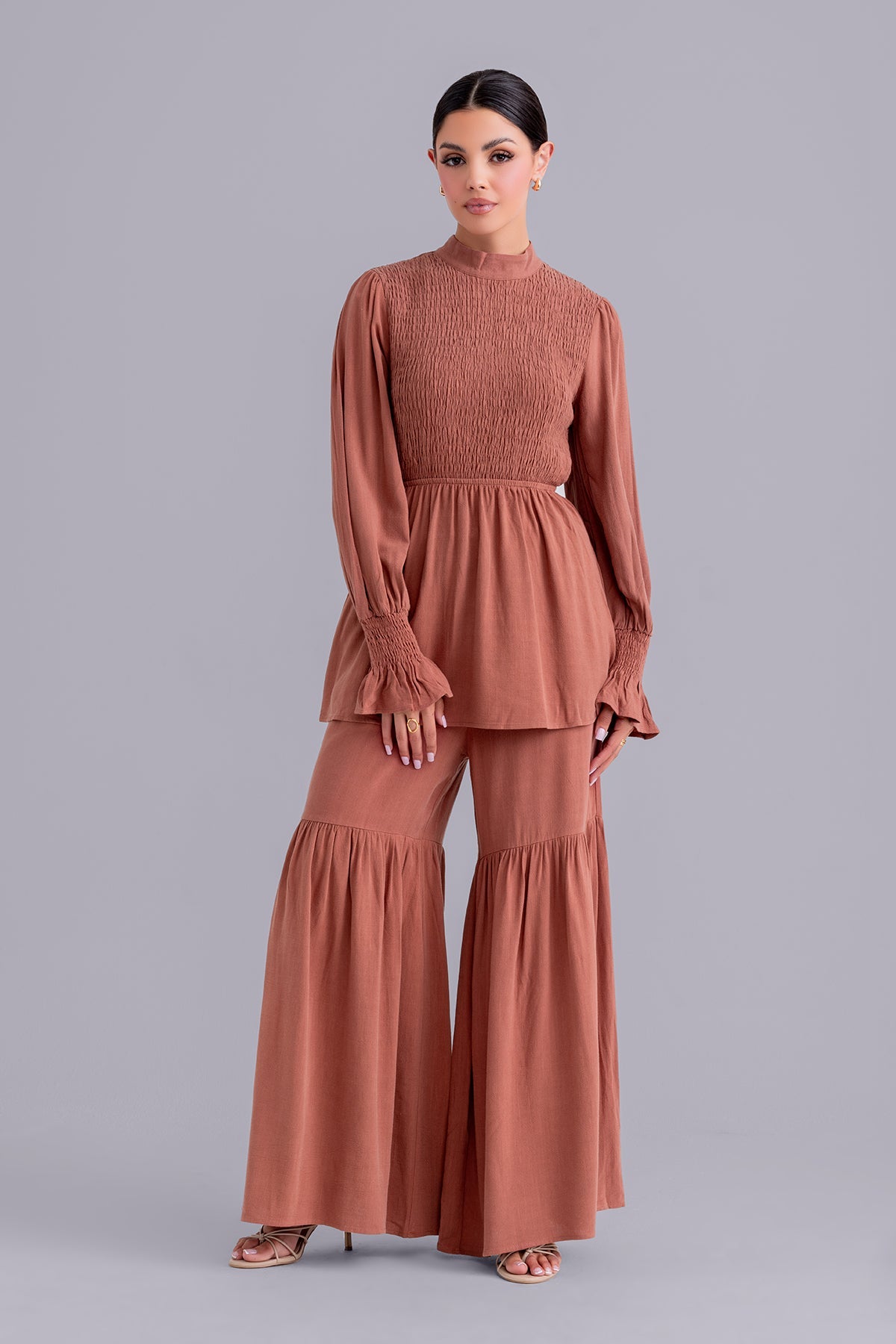 Krina Linen Smock Pant and Top Set - Spice