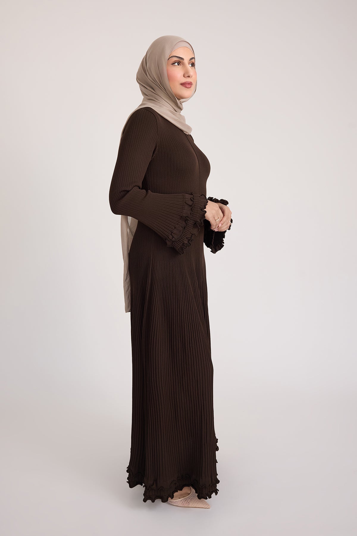 Isadora Ruffle Knit Long Sleeve Maxi Dress- Brown