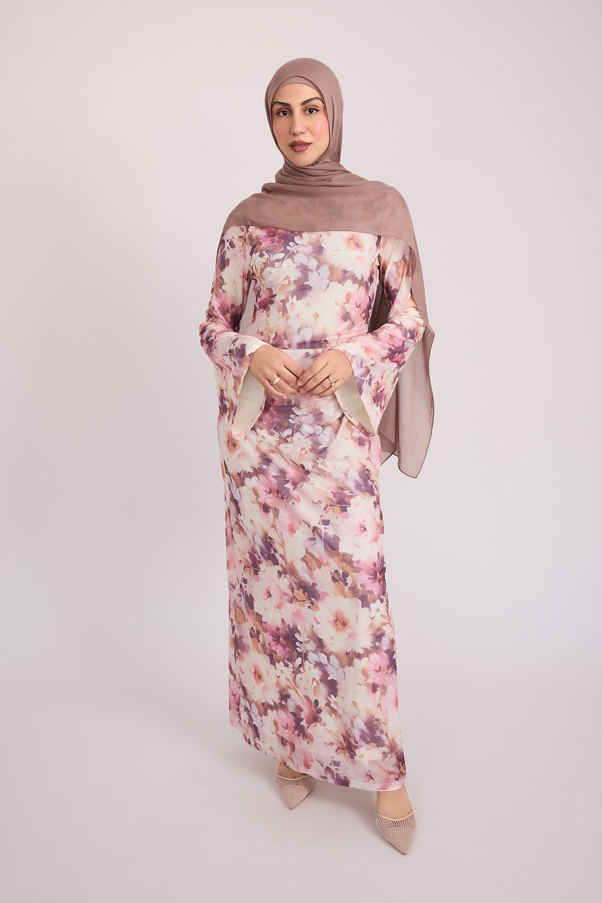 Tatiana Synched Satin Maxi Bell Sleeve - Floral Garden