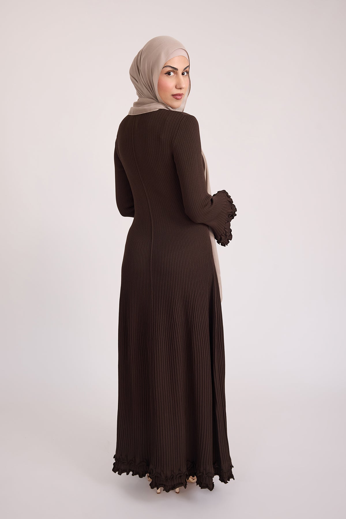 Isadora Ruffle Knit Long Sleeve Maxi Dress- Brown