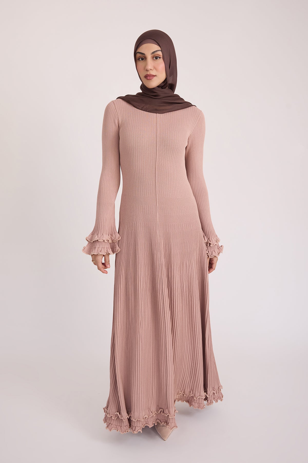 Isadora Ruffle Knit Long Sleeve Maxi Dress- Blush