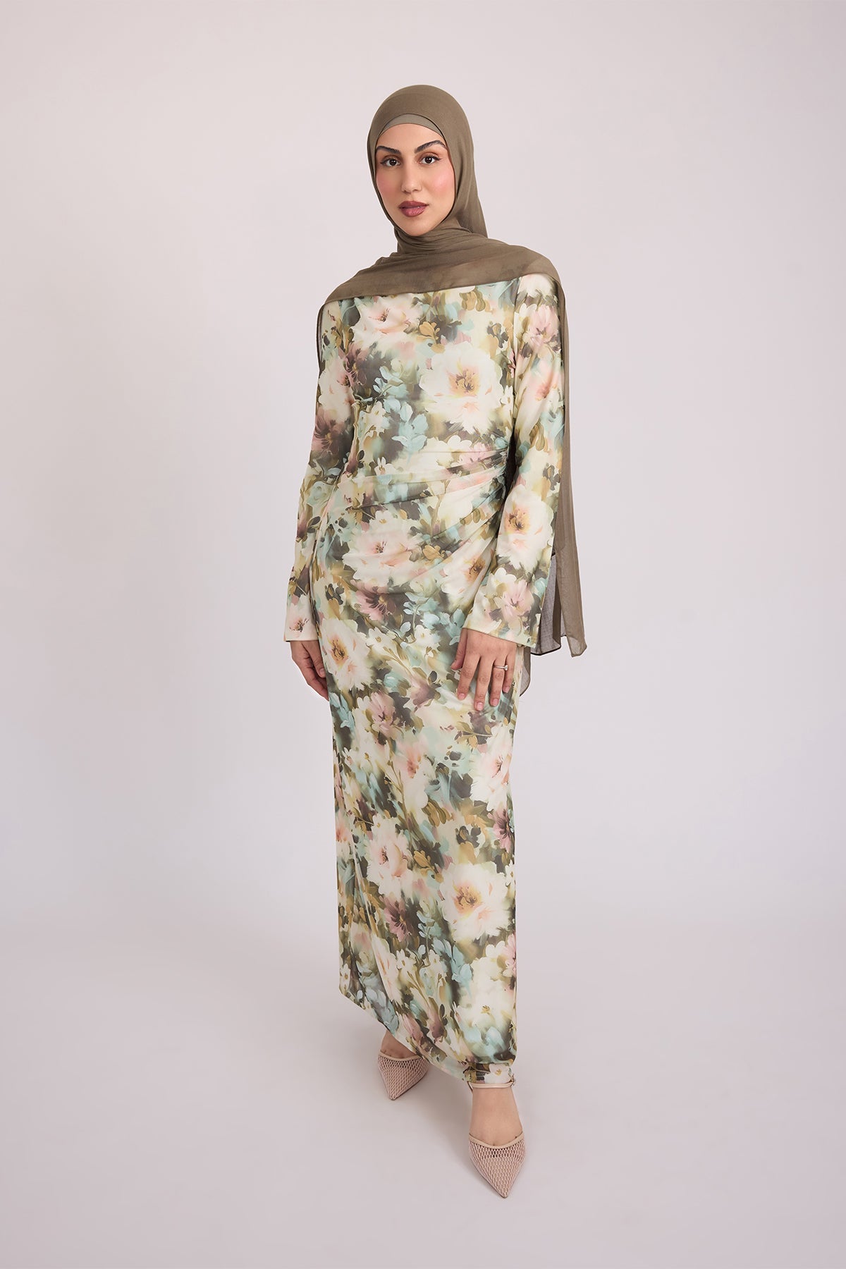 Tatiana Synched Satin Maxi Bell Sleeve - Sage Garden