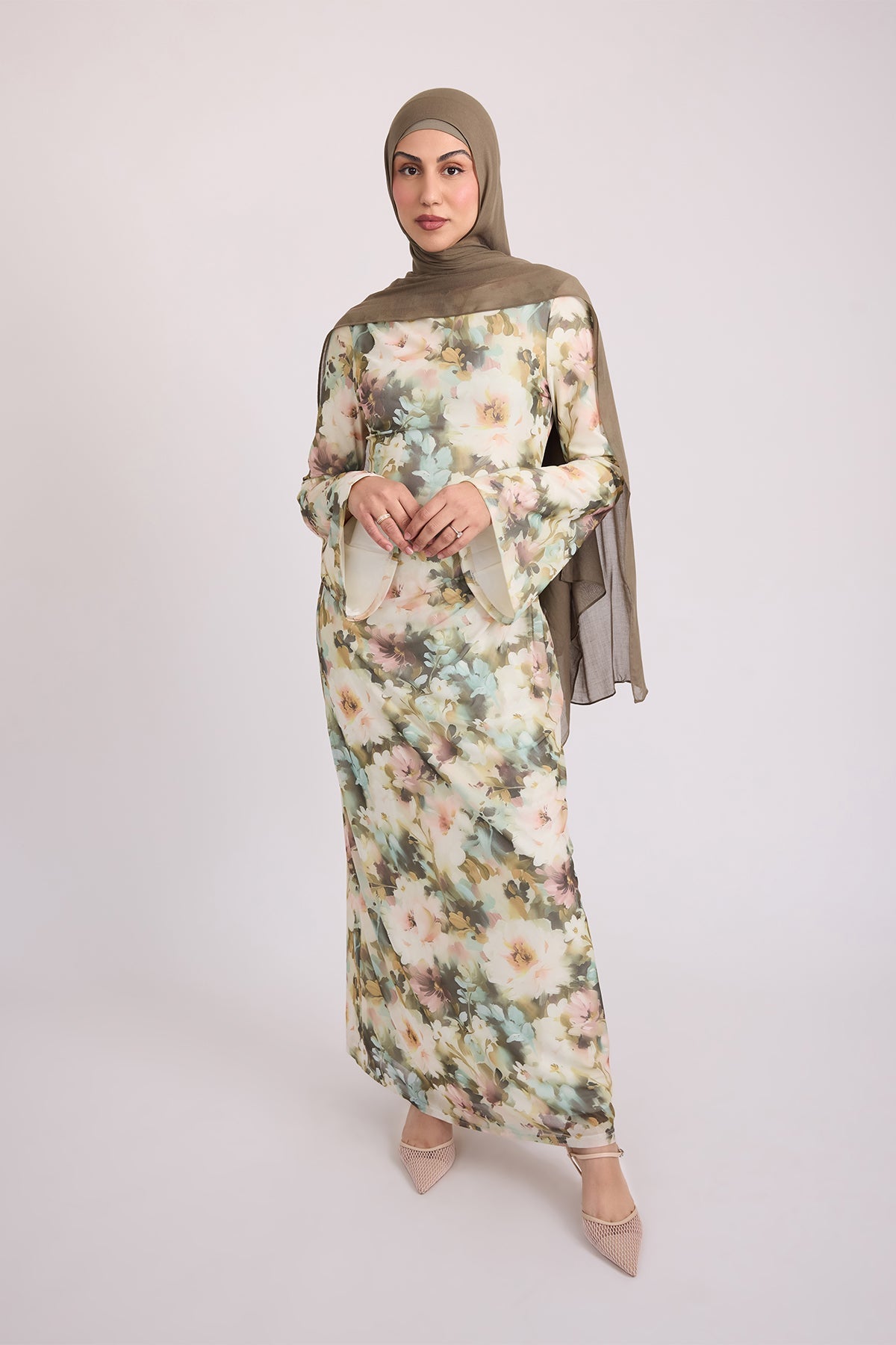 Tatiana Synched Satin Maxi Bell Sleeve - Sage Garden