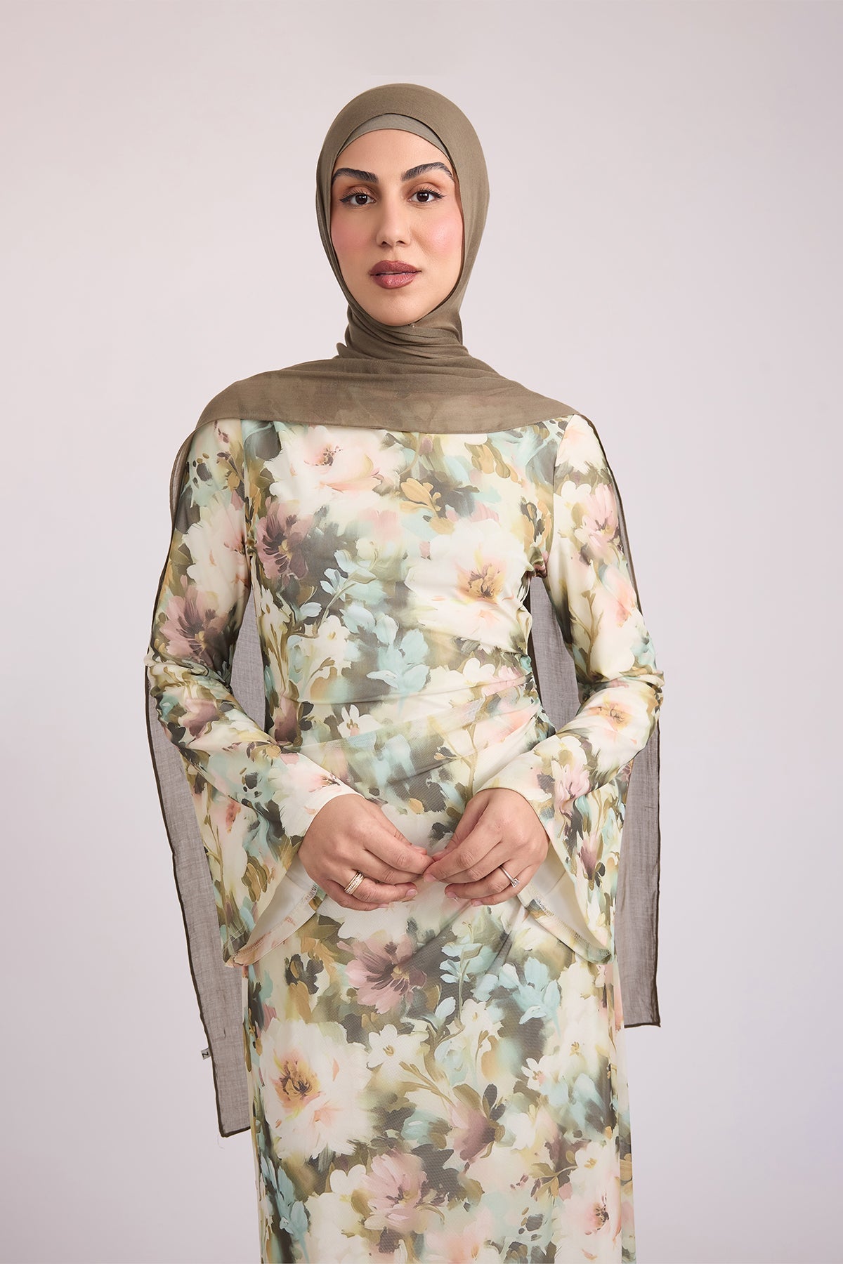 Tatiana Synched Satin Maxi Bell Sleeve - Sage Garden