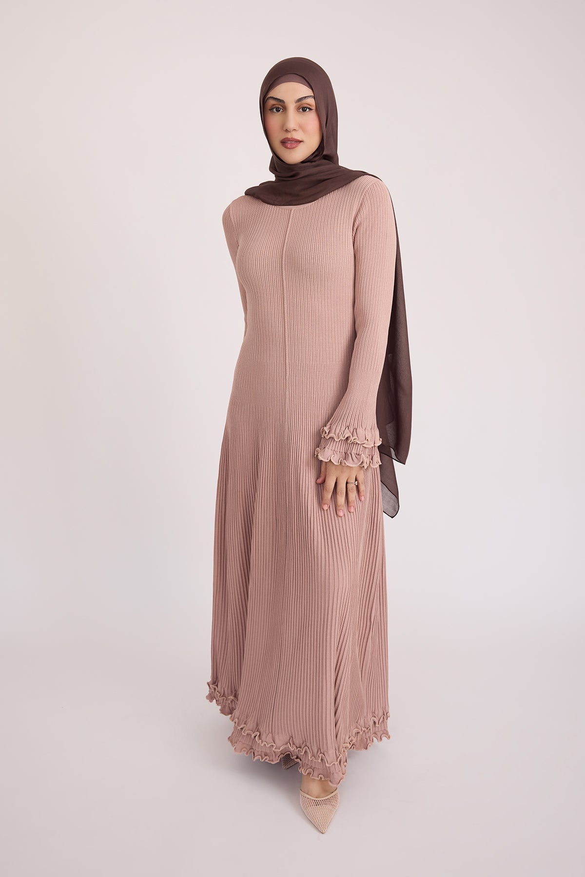 Isadora Ruffle Knit Long Sleeve Maxi Dress- Blush