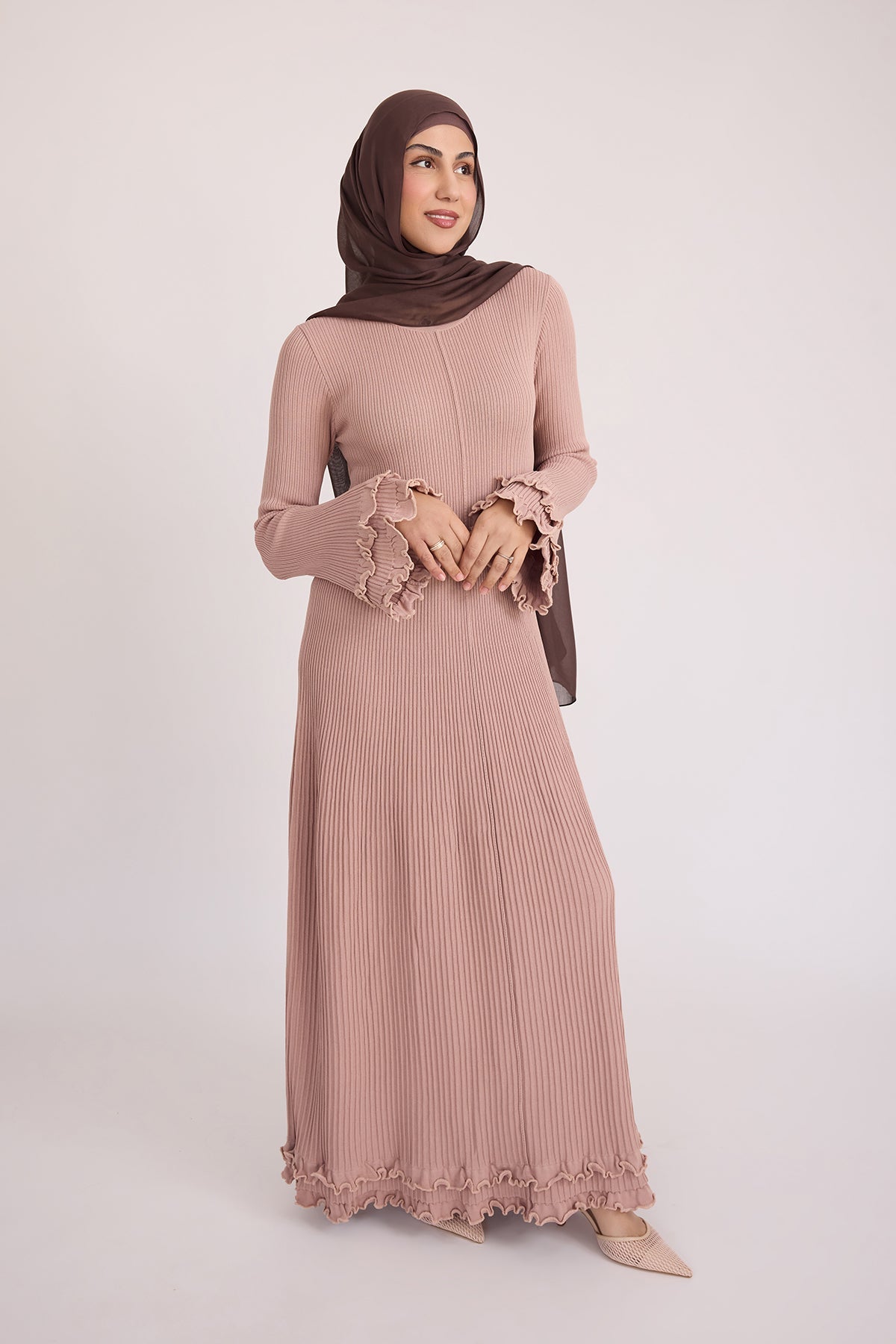 Isadora Ruffle Knit Long Sleeve Maxi Dress- Blush