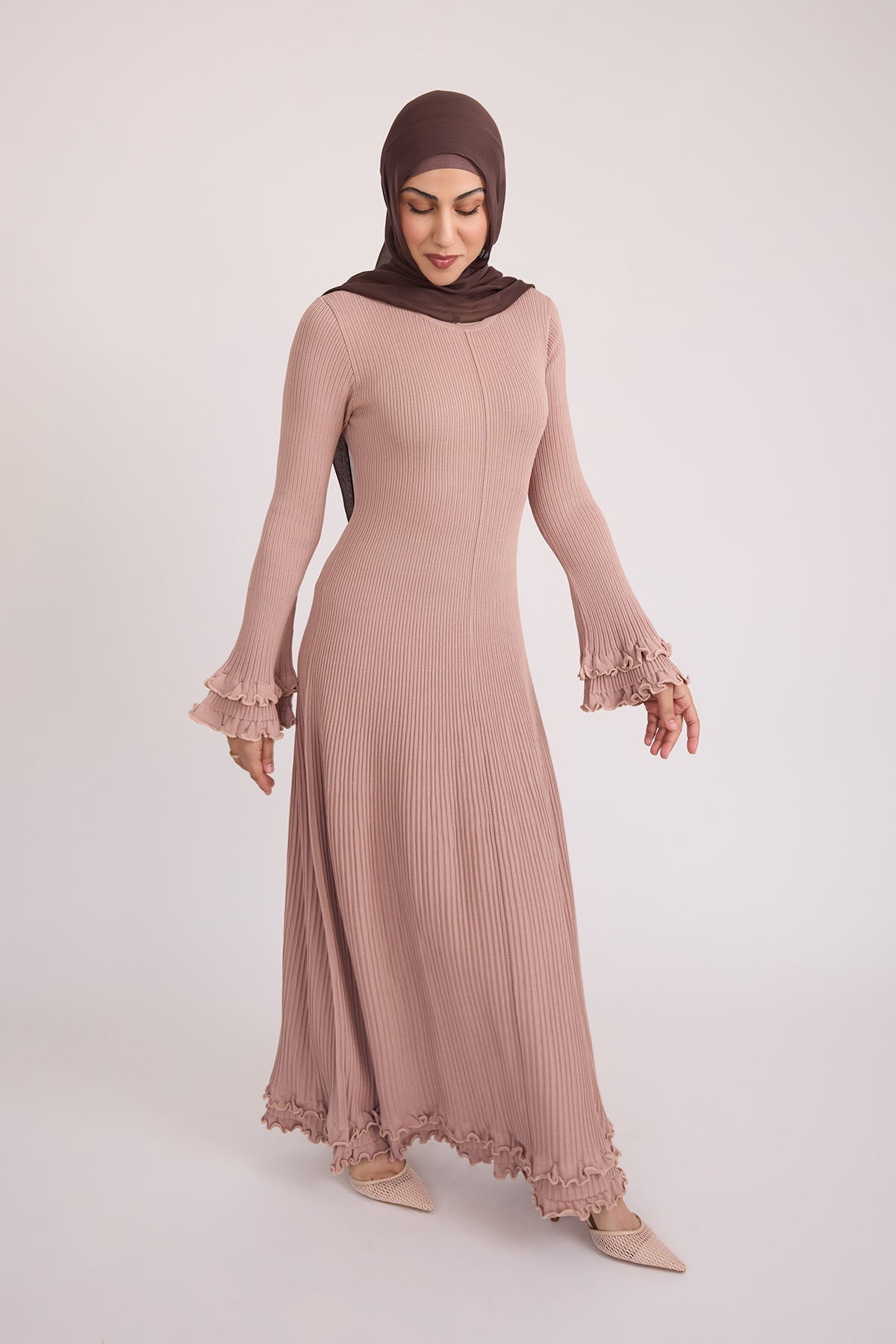 Isadora Ruffle Knit Long Sleeve Maxi Dress- Blush