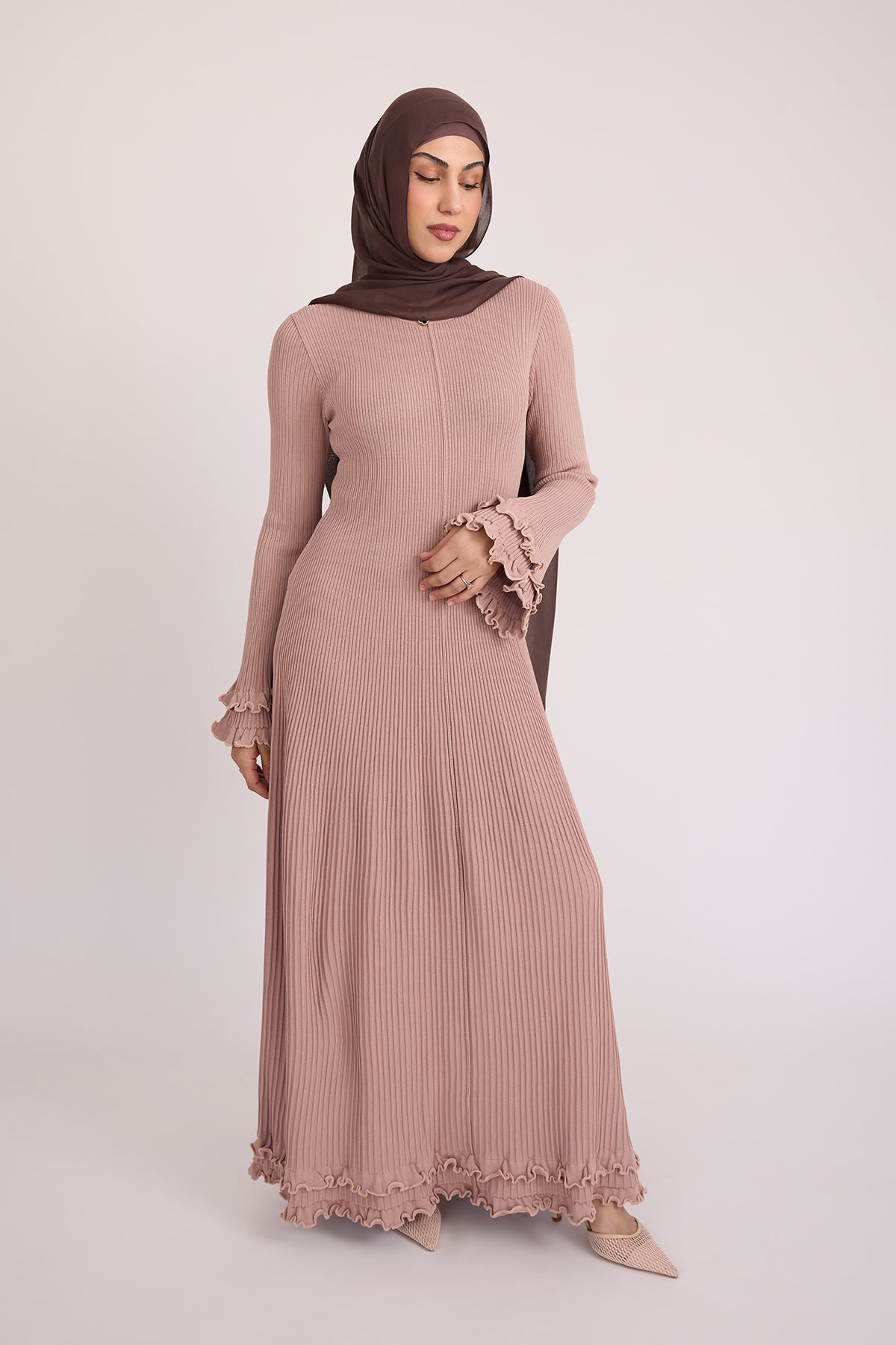 Isadora Ruffle Knit Long Sleeve Maxi Dress- Blush