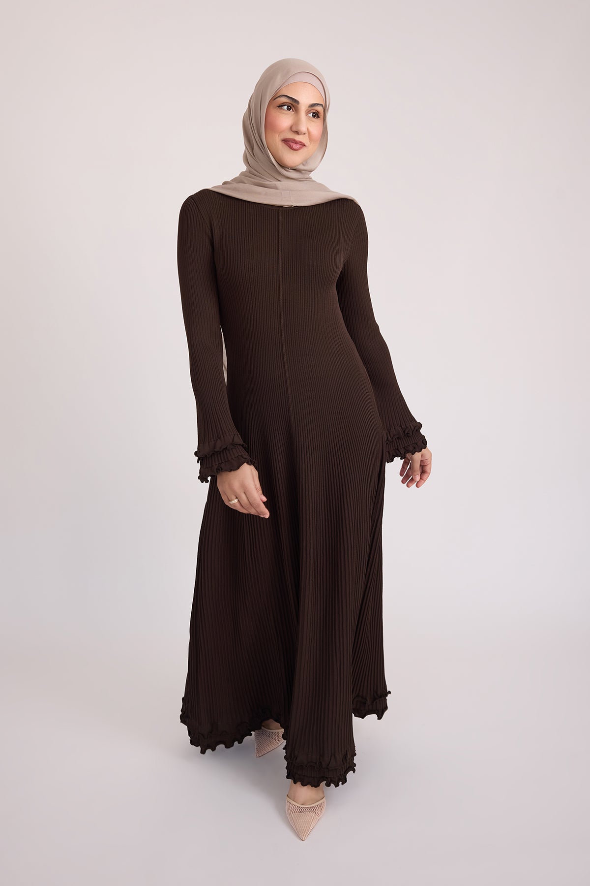 Isadora Ruffle Knit Long Sleeve Maxi Dress- Brown