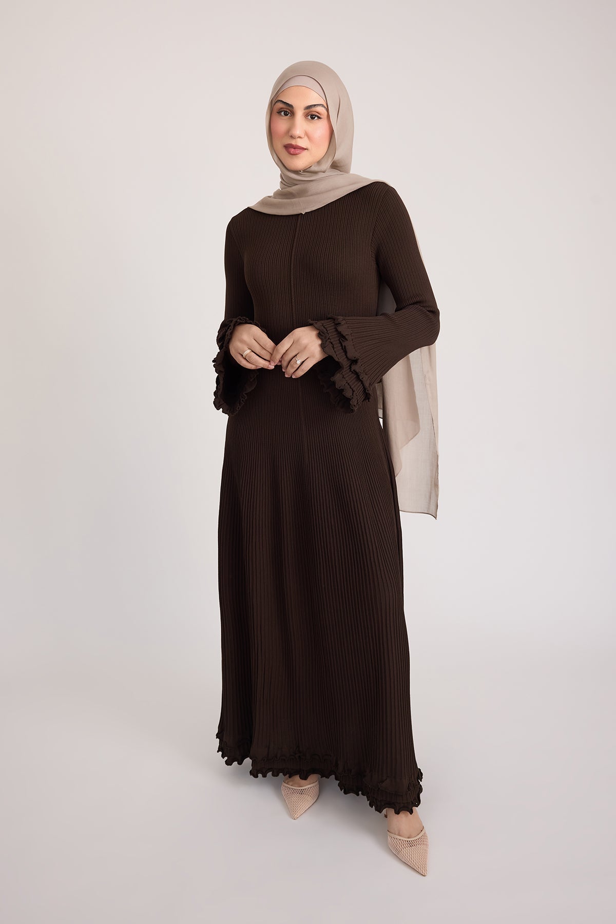 Isadora Ruffle Knit Long Sleeve Maxi Dress- Brown