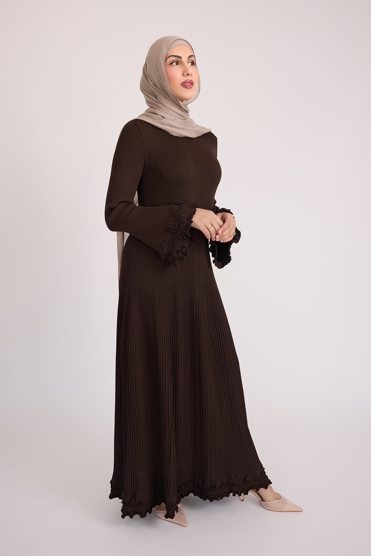 Isadora Ruffle Knit Long Sleeve Maxi Dress- Brown