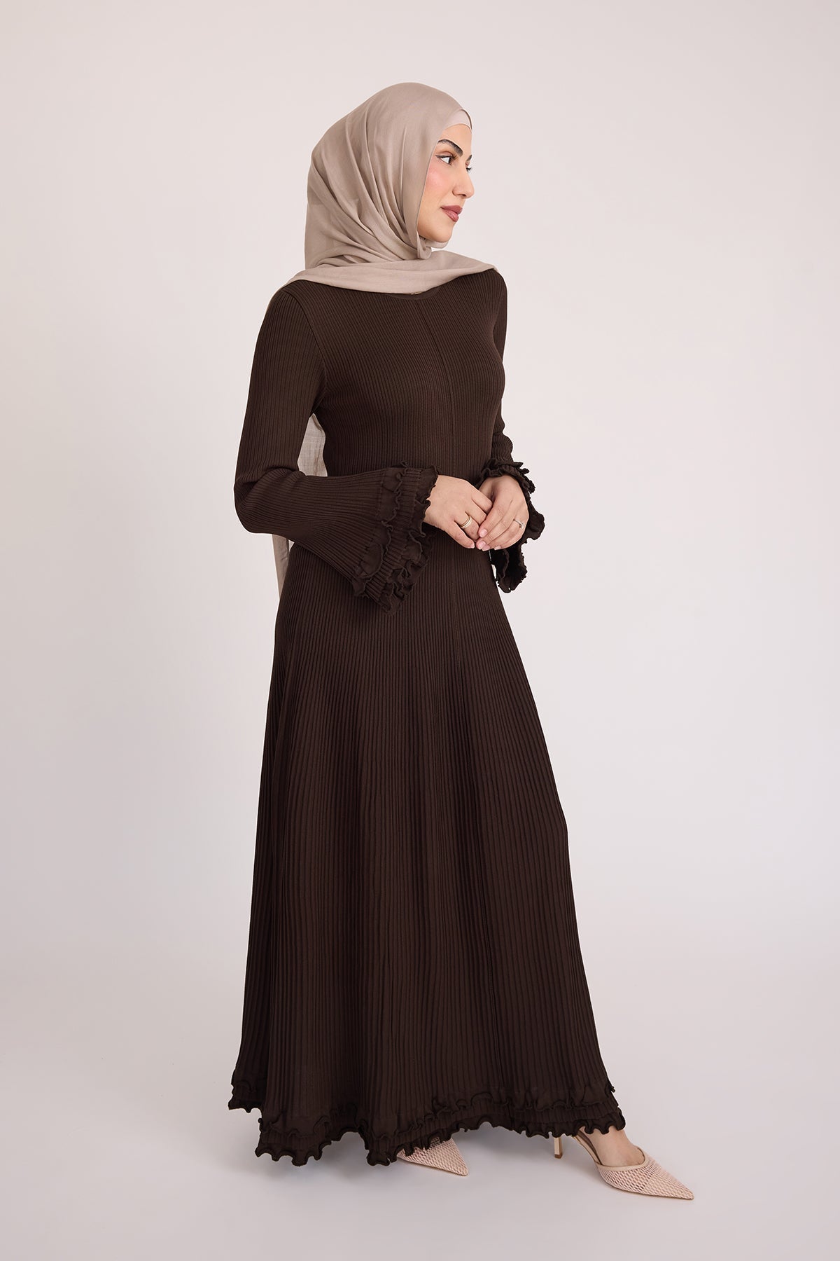 Isadora Ruffle Knit Long Sleeve Maxi Dress- Brown