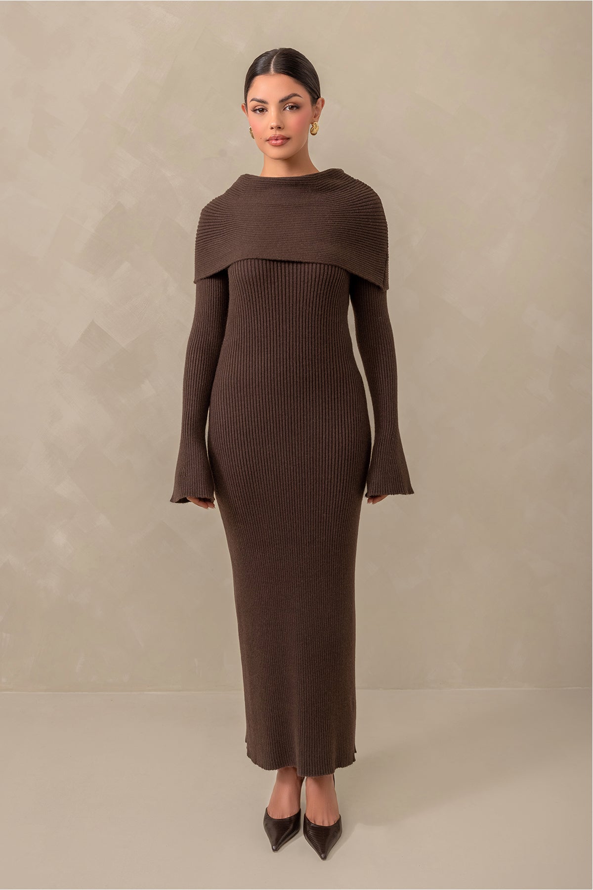 Cassandra Over the Shoulder Knit Dress - Brown