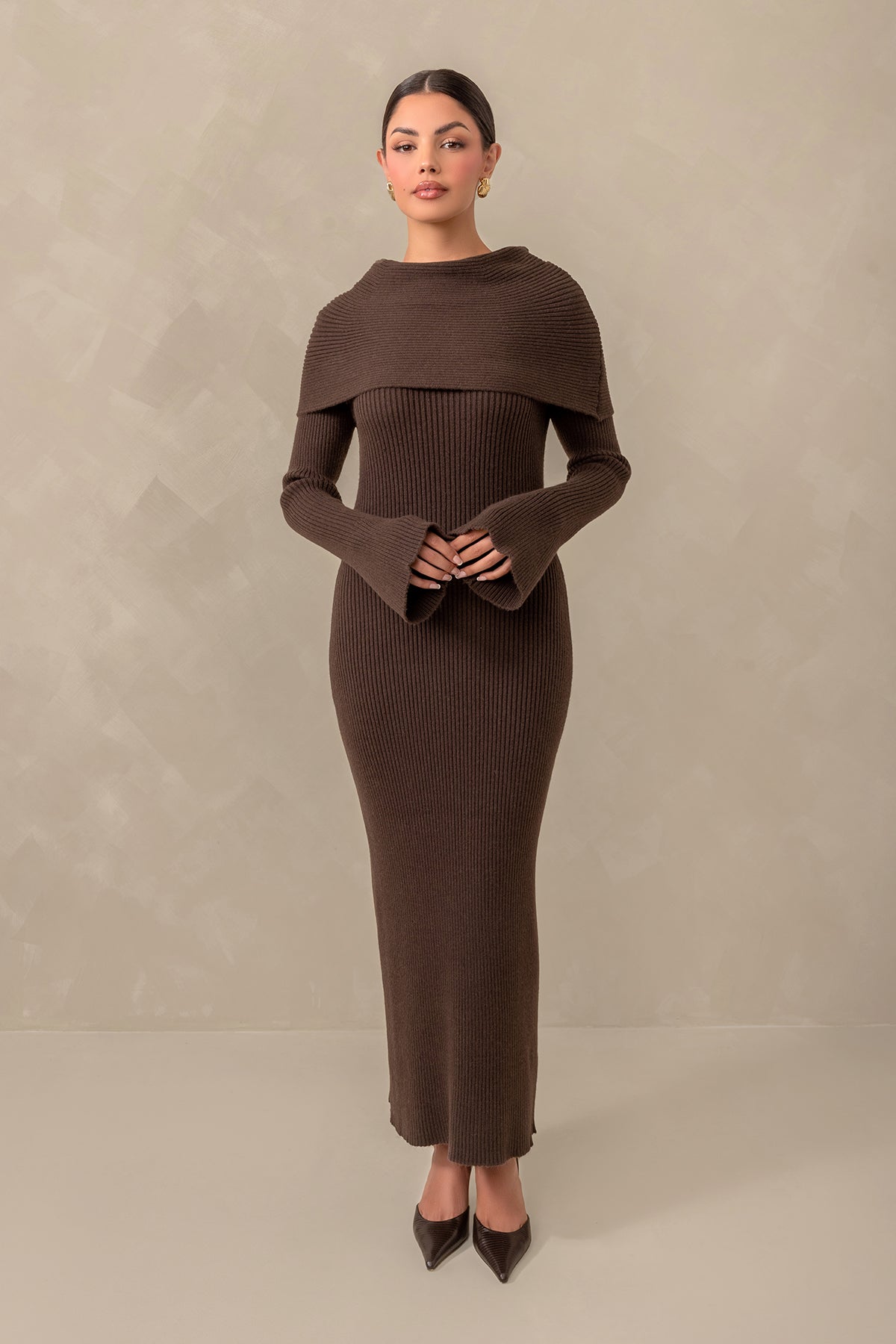 Cassandra Over the Shoulder Knit Dress - Brown