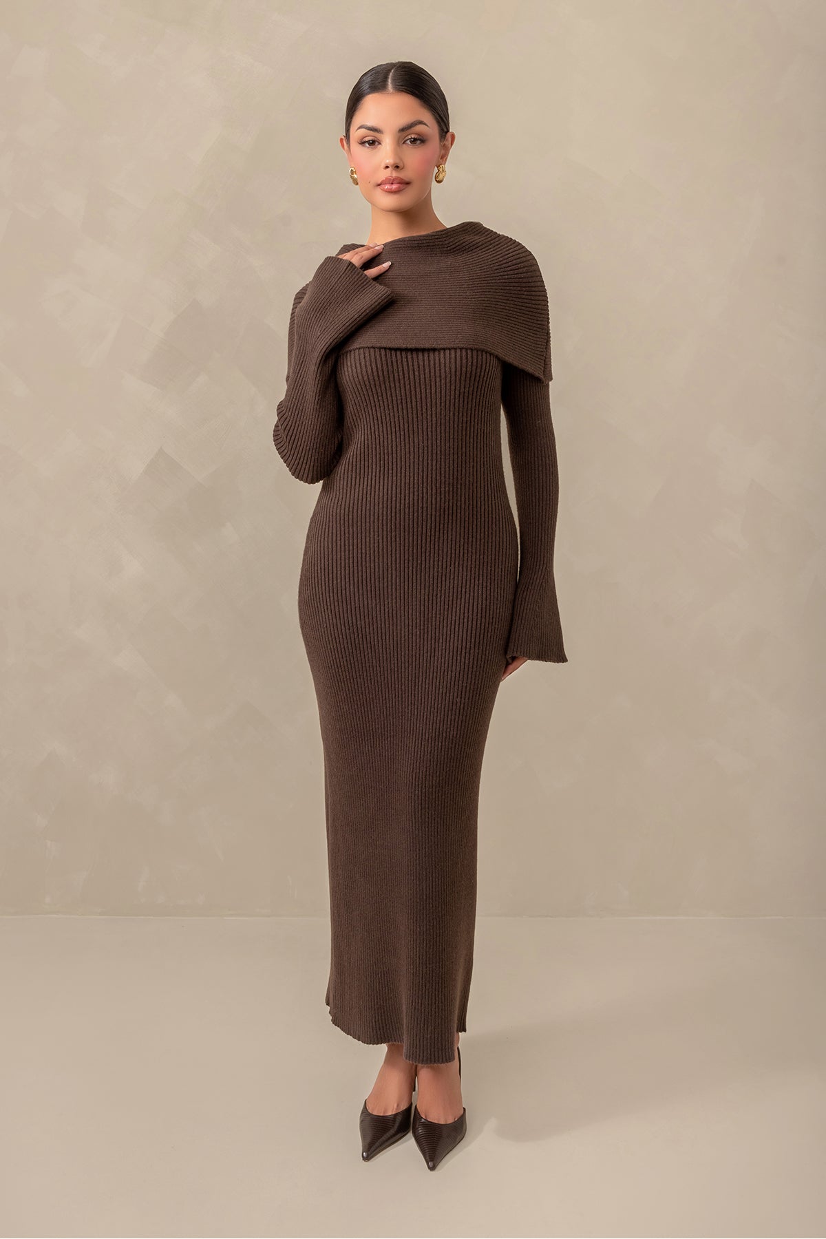 Cassandra Over the Shoulder Knit Dress - Brown