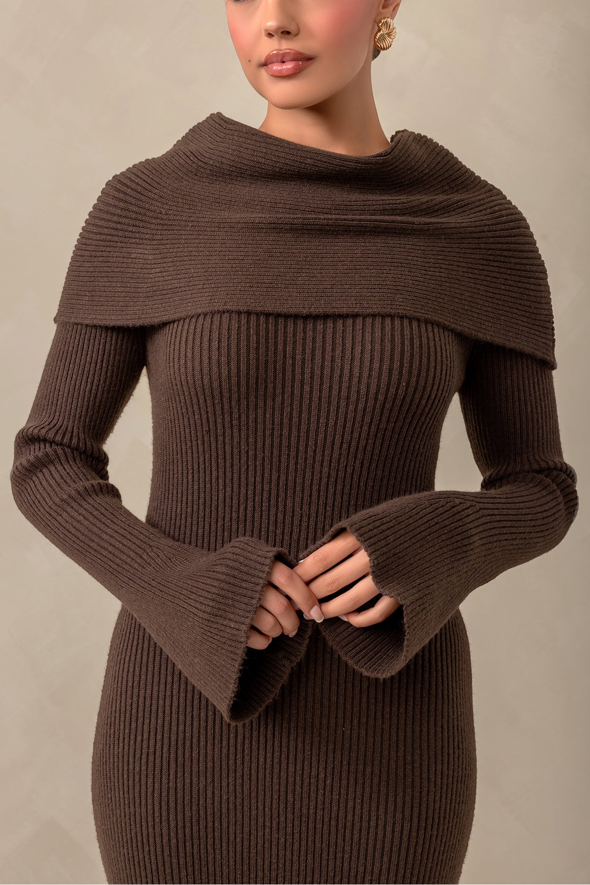 Cassandra Over the Shoulder Knit Dress - Brown