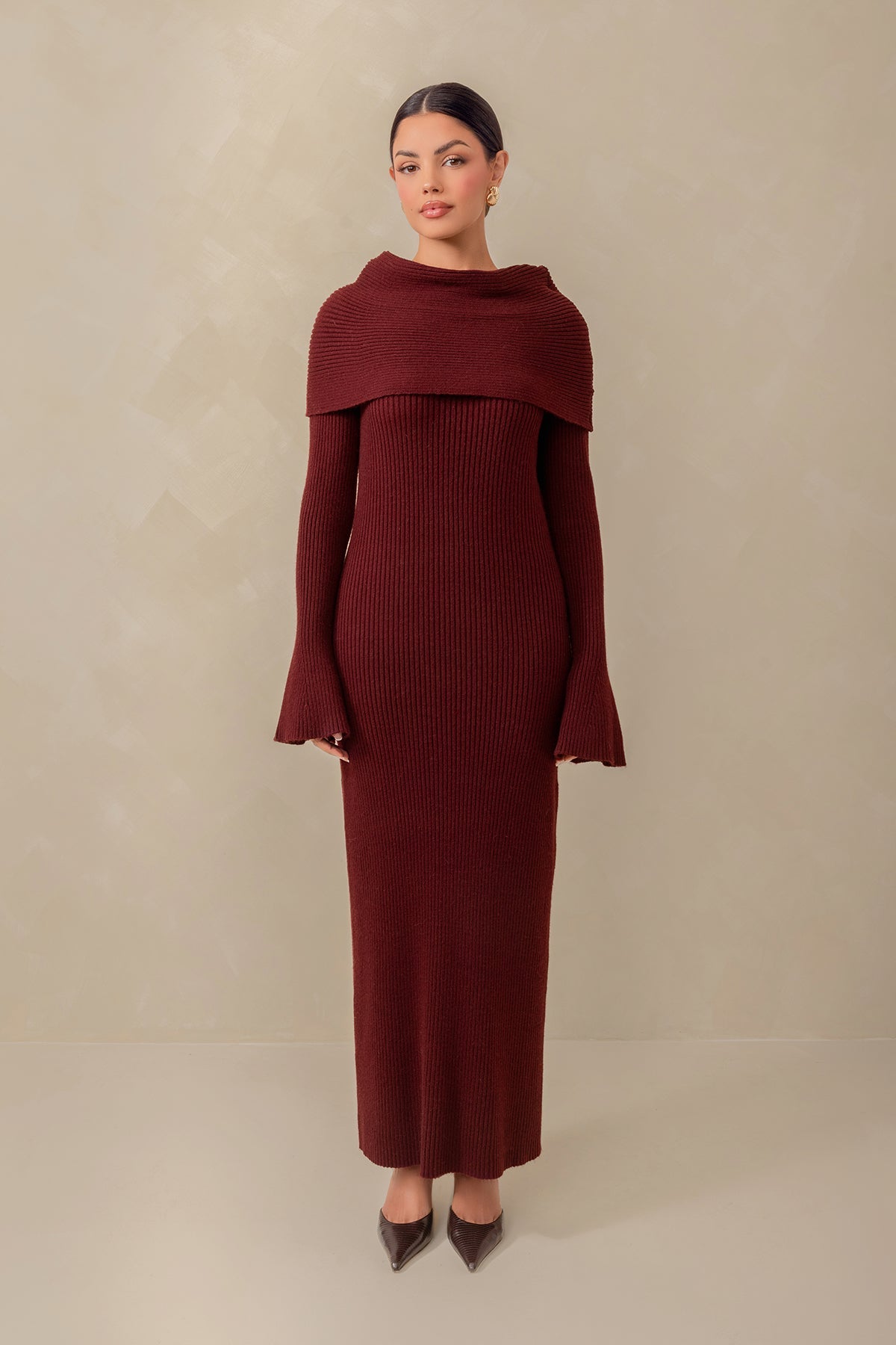 Cassandra Over the Shoulder Knit Dress - Burgundy