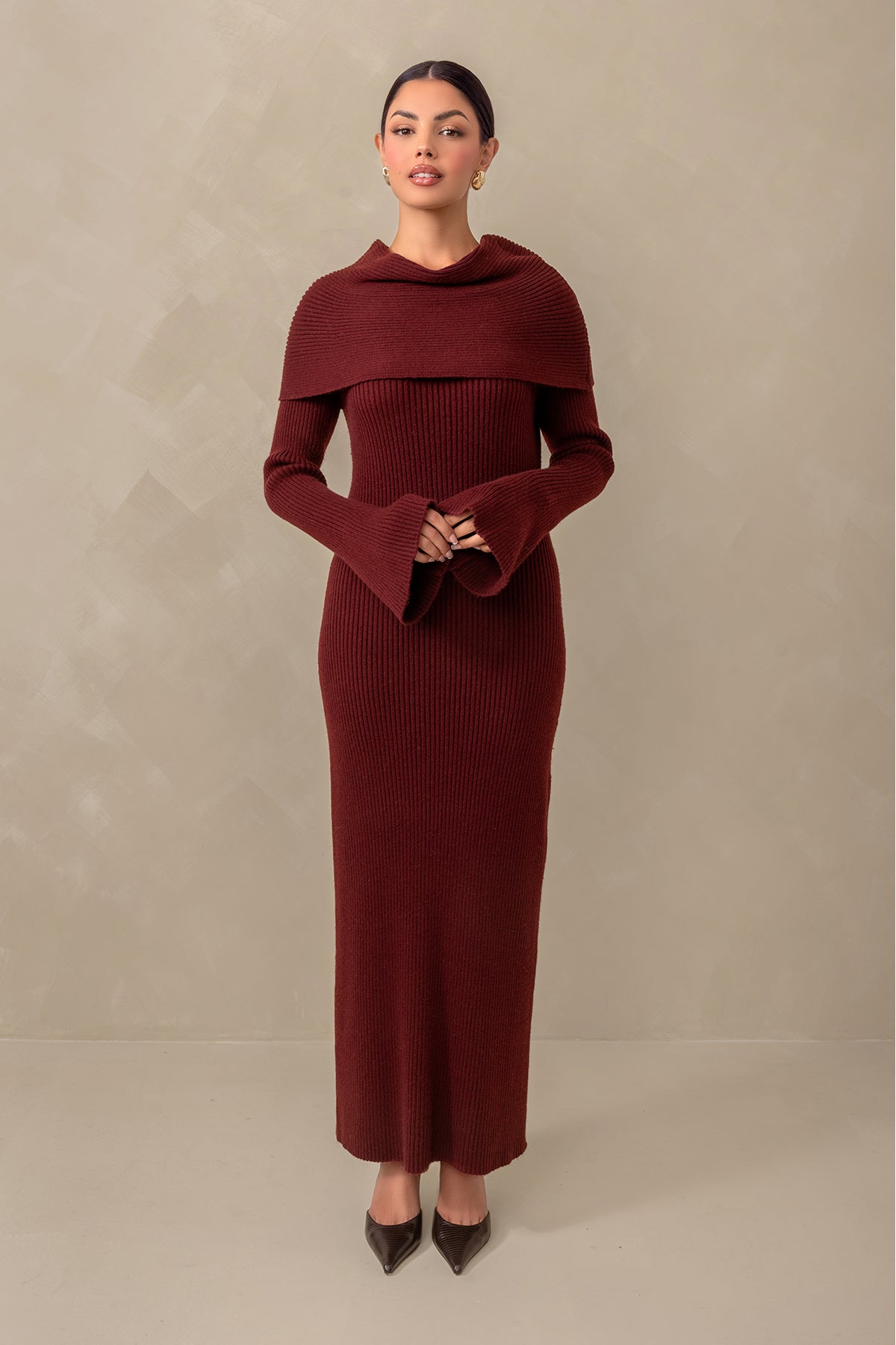 Cassandra Over the Shoulder Knit Dress - Burgundy