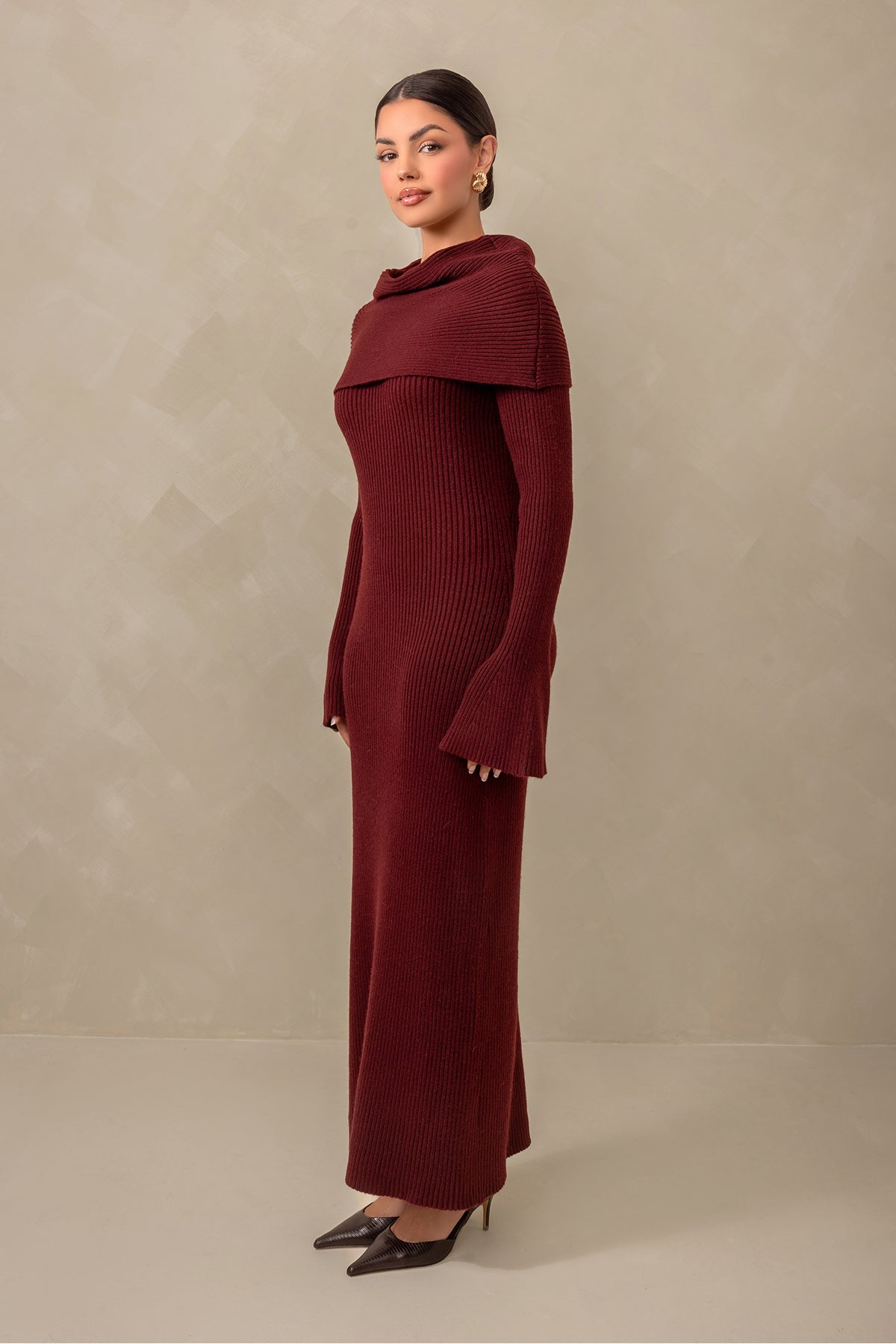 Cassandra Over the Shoulder Knit Dress - Burgundy