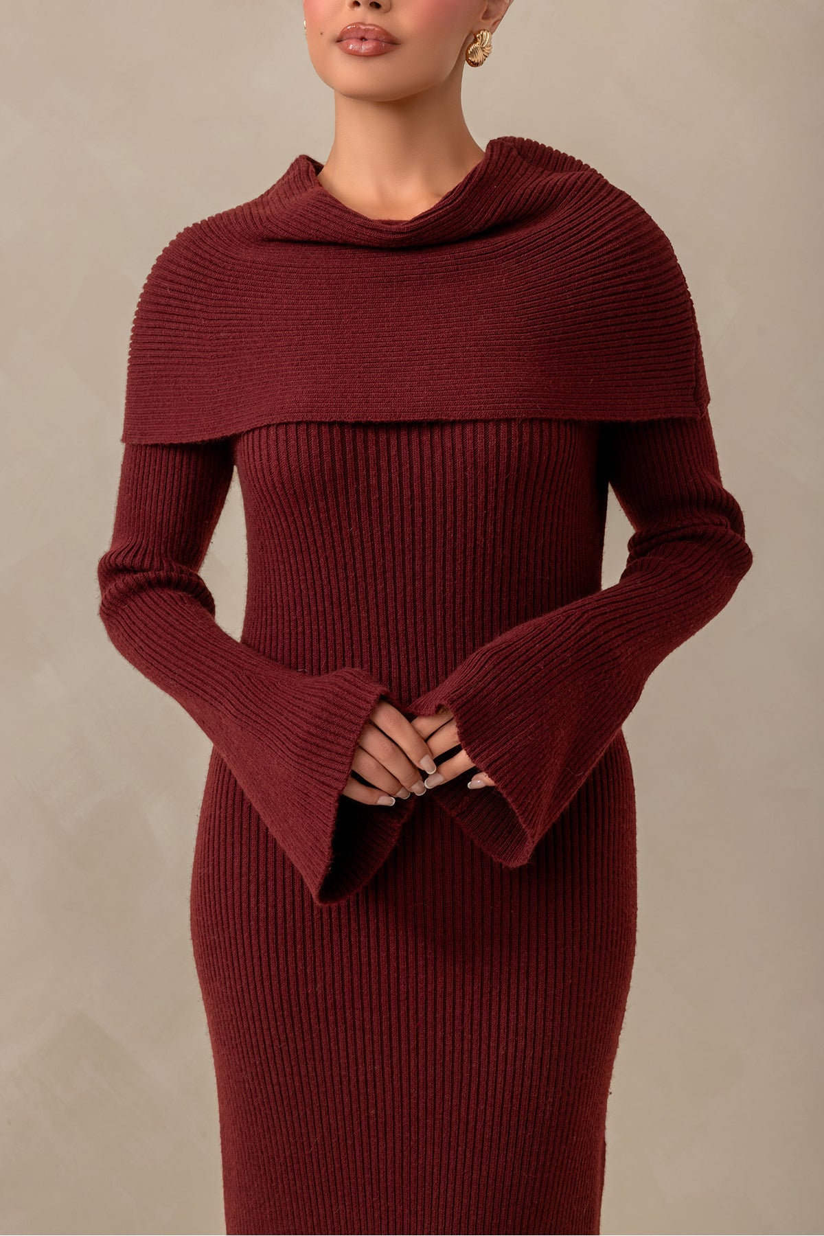 Cassandra Over the Shoulder Knit Dress - Burgundy