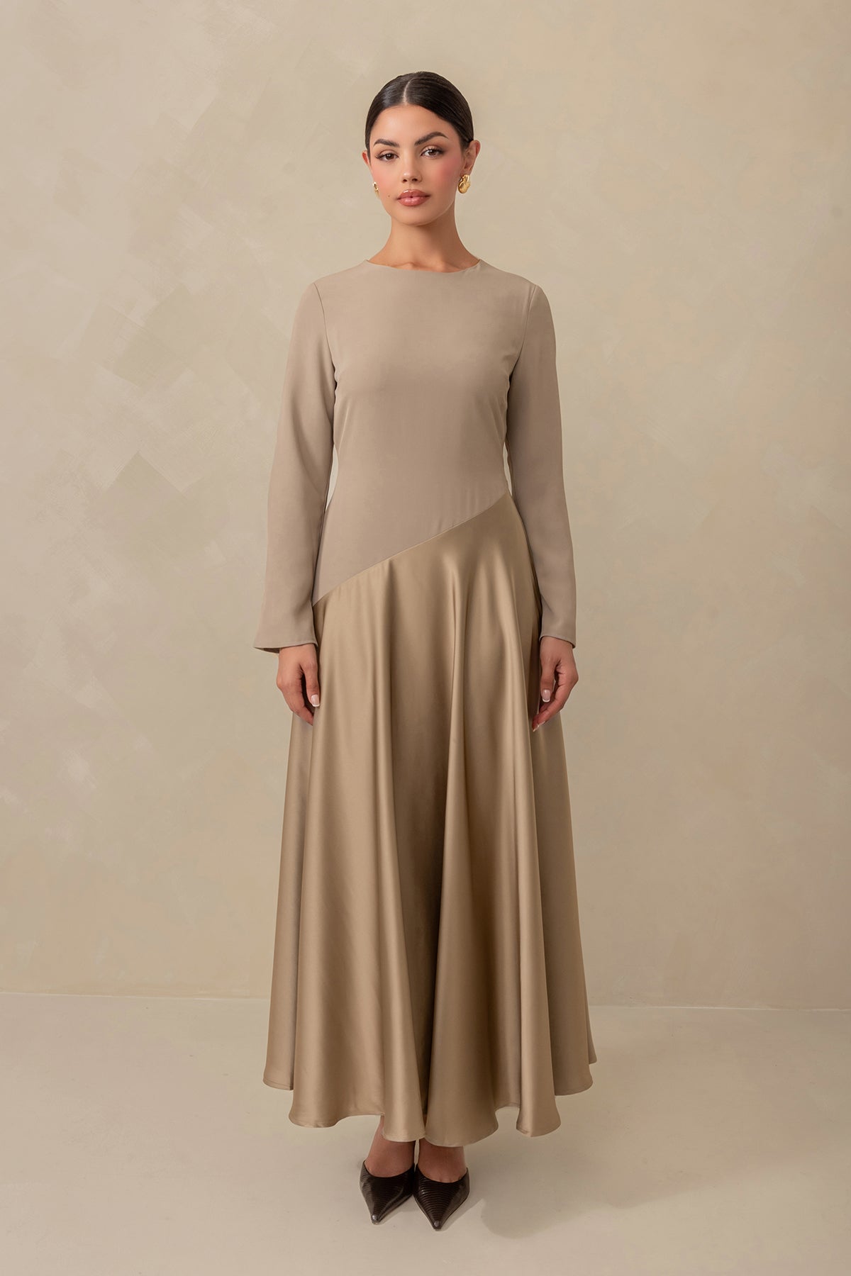 Anastasia Asymmetric Long Sleeve Maxi Dress - Taupe