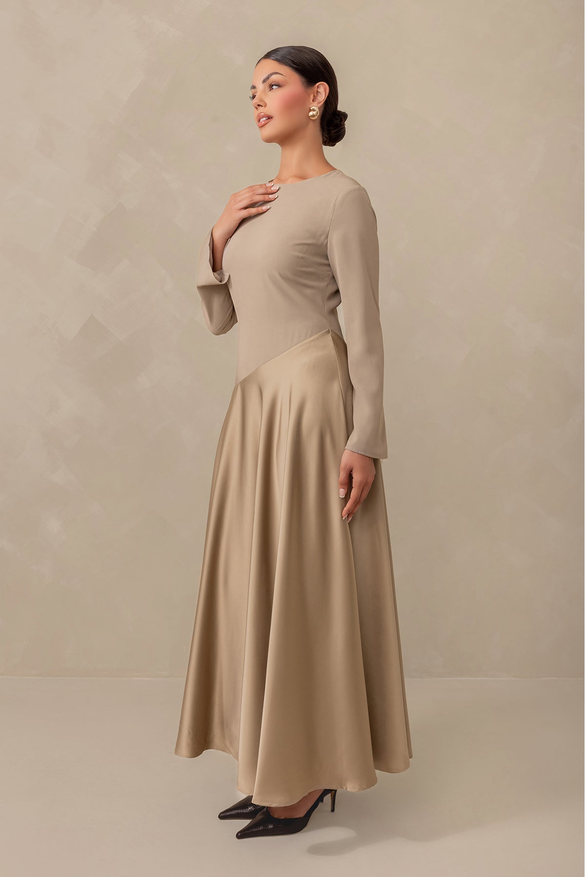 Anastasia Asymmetric Long Sleeve Maxi Dress - Taupe