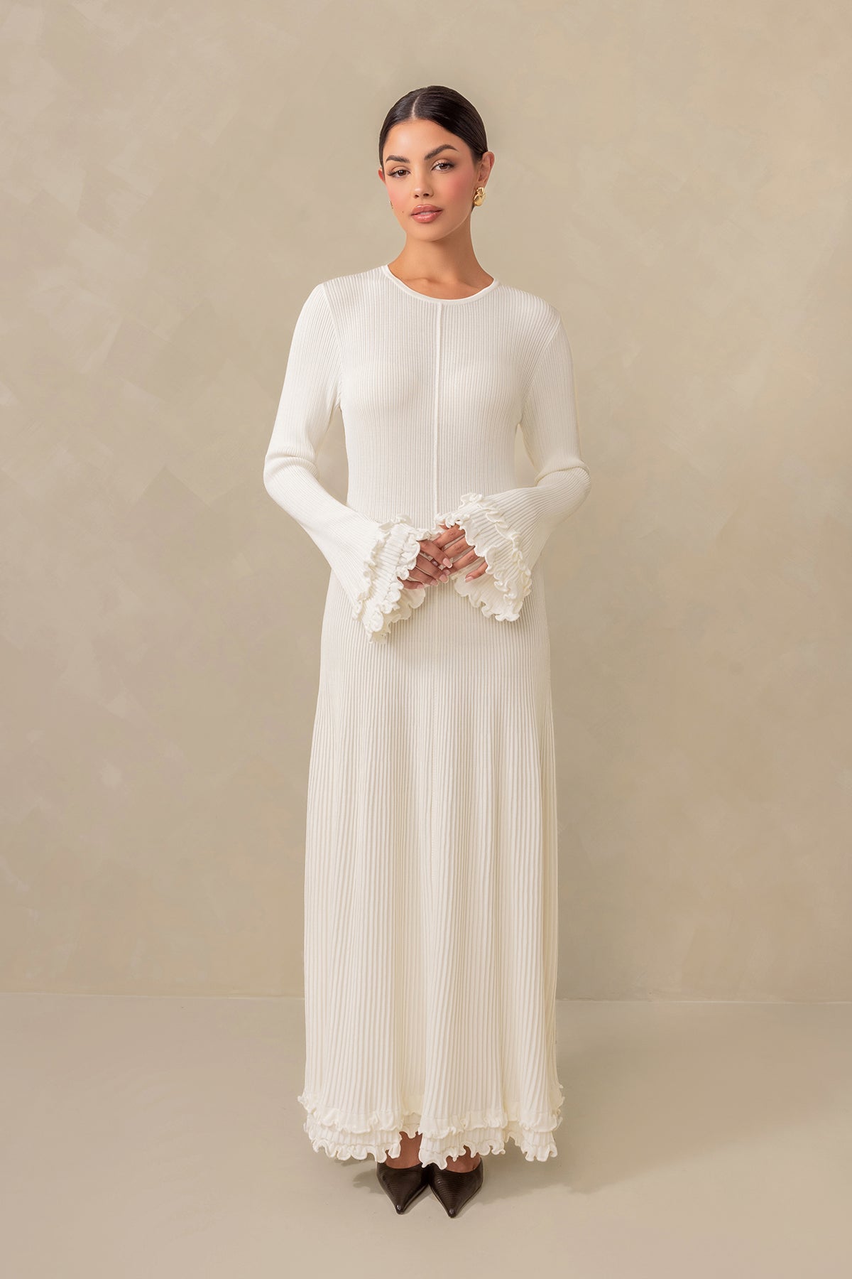 Isadora Ruffle Knit Long Sleeve Maxi Dress - Cream