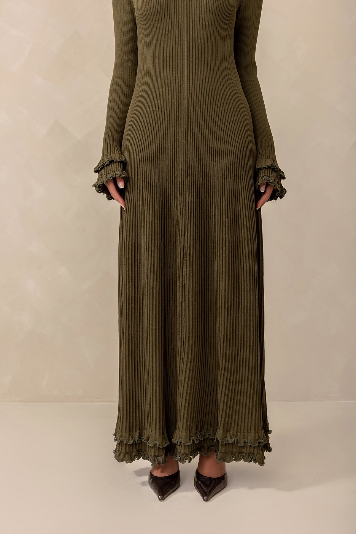 Isadora Ruffle Knit Long Sleeve Maxi Dress - Olive