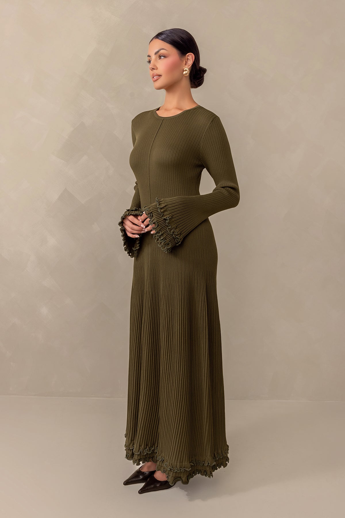 Isadora Ruffle Knit Long Sleeve Maxi Dress - Olive