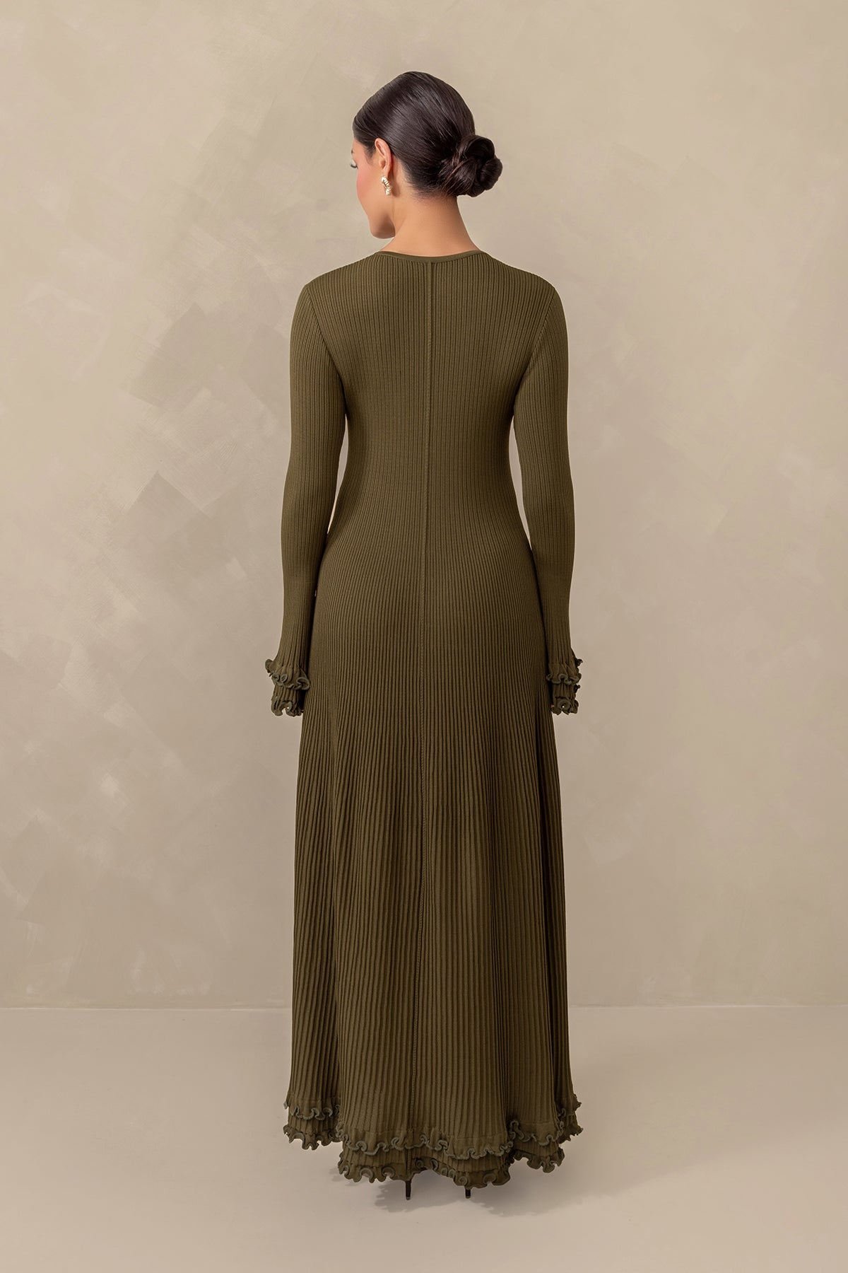 Isadora Ruffle Knit Long Sleeve Maxi Dress - Olive