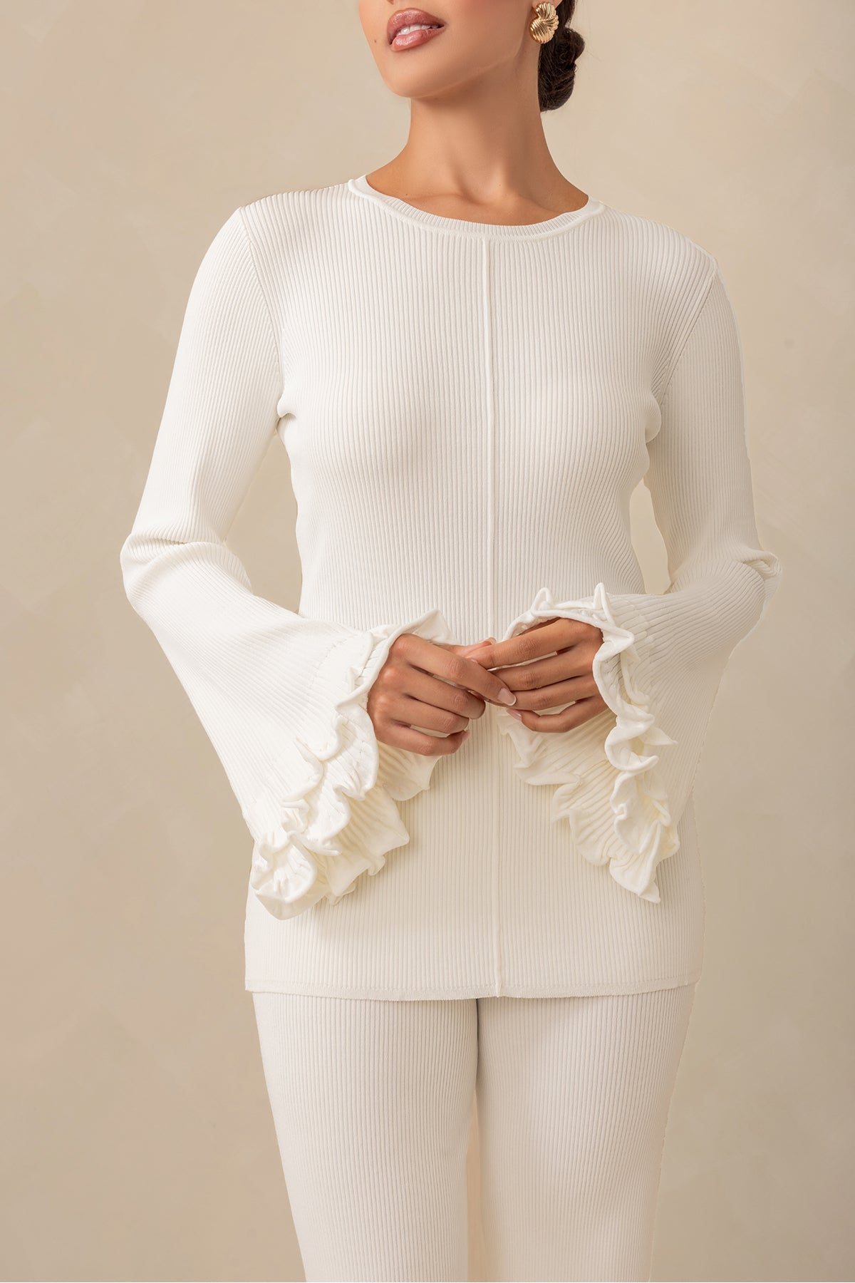 Olivia Ruffle Long Sleeve Knit Top - Cream