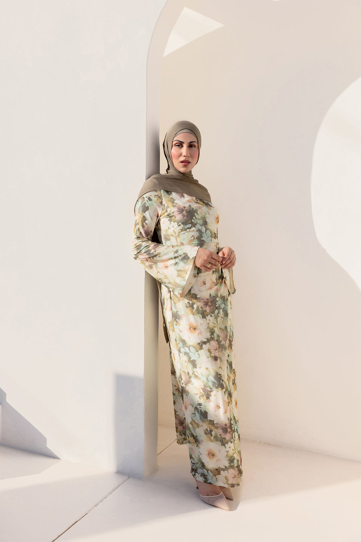 Tatiana Synched Satin Maxi Bell Sleeve - Sage Garden