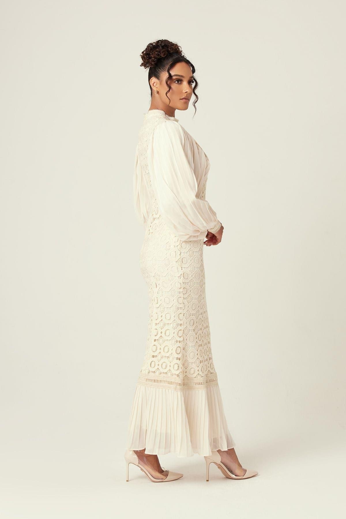 White Lace Pleated Chiffon Dress